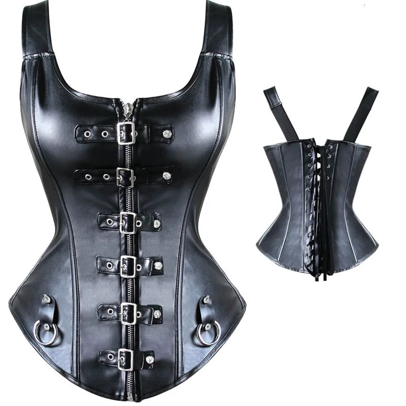 Black Buckled Faux Leather Corset Top