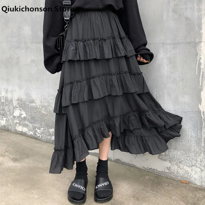 Noir Asymmetric Ruffle Maxi Skirt