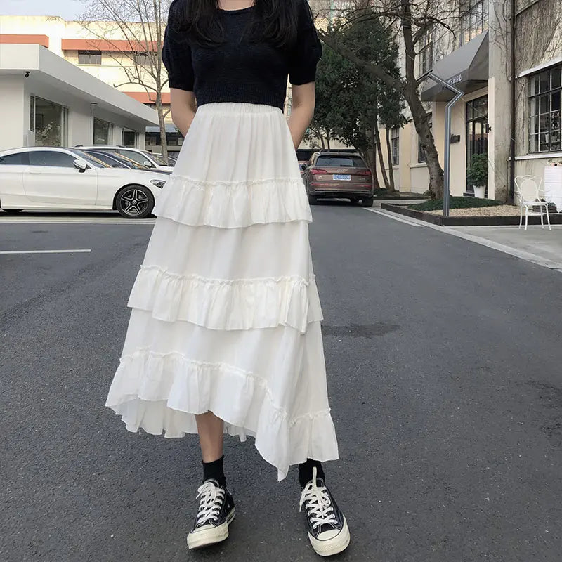 Noir Asymmetric Ruffle Maxi Skirt