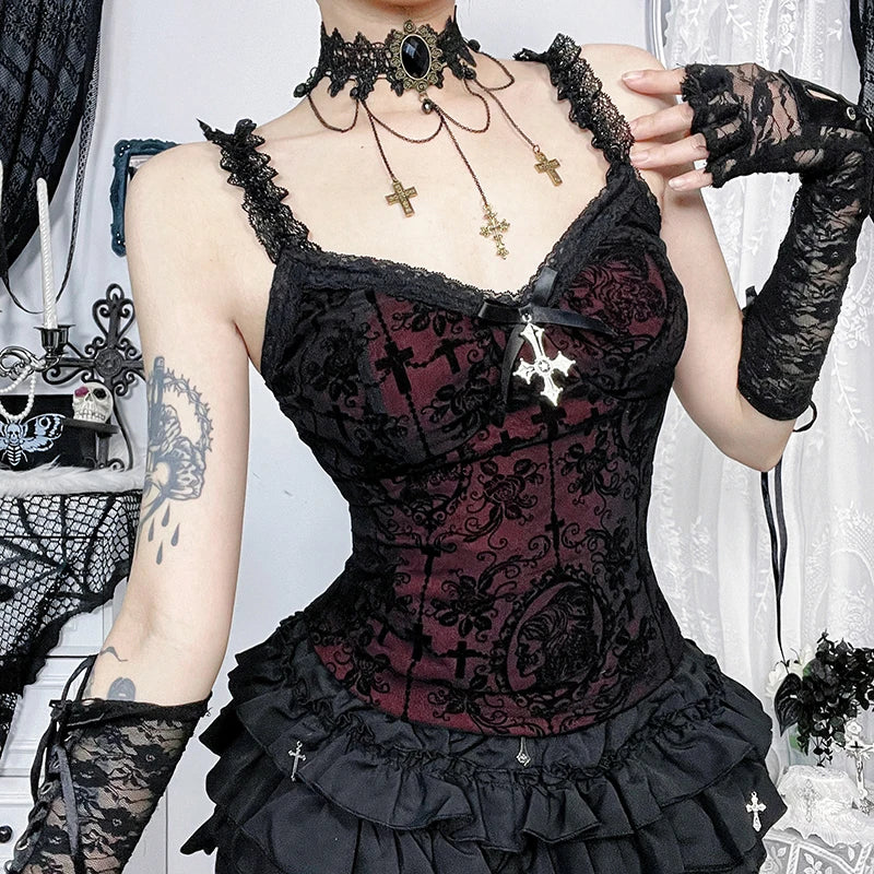Crimson Cross Lace Corset Crop Top