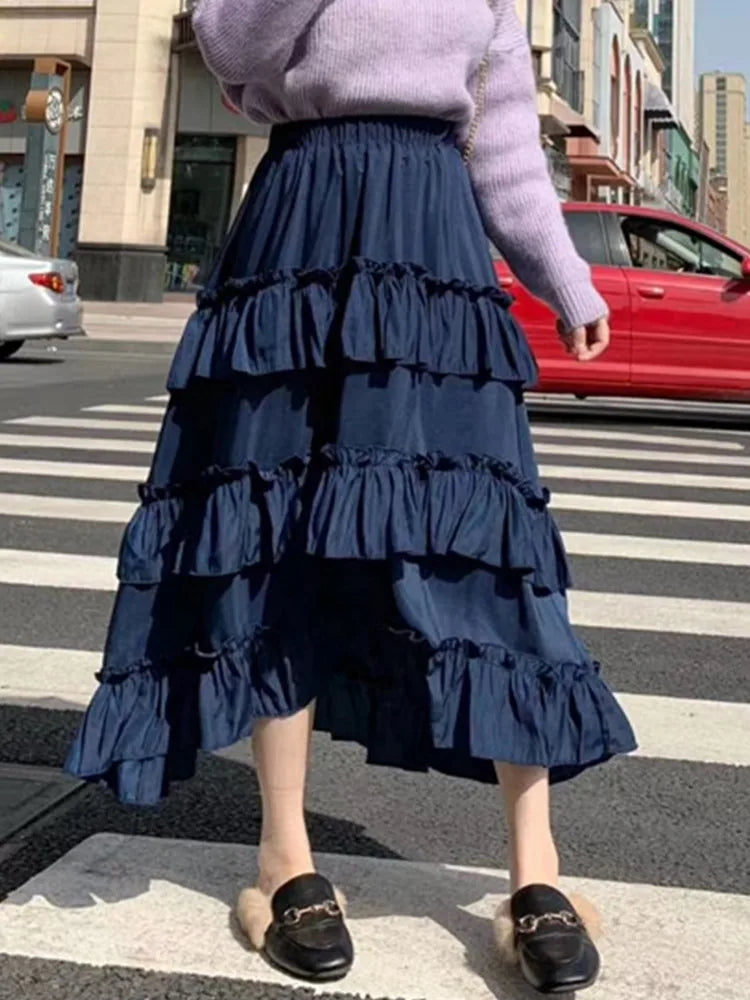 Noir Asymmetric Ruffle Maxi Skirt