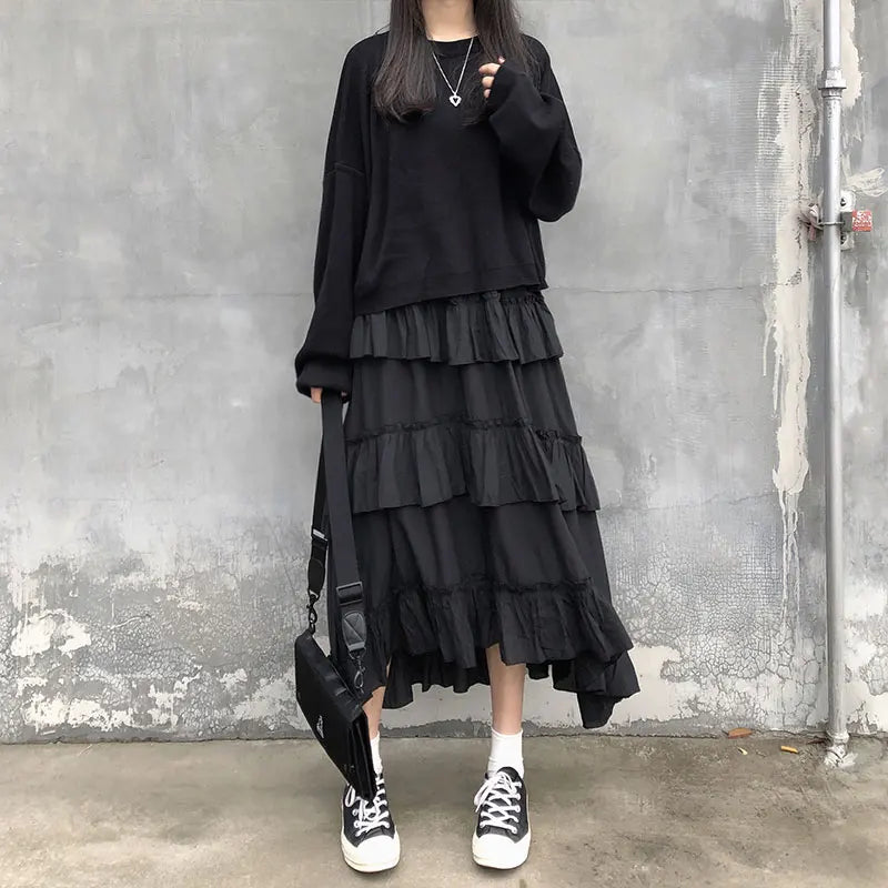 Noir Asymmetric Ruffle Maxi Skirt