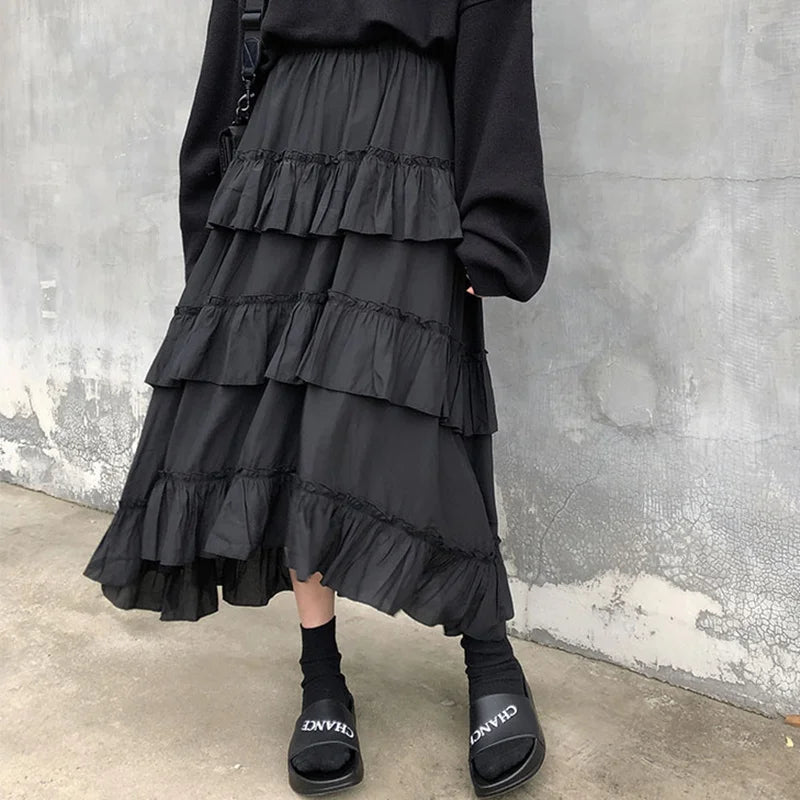 Noir Asymmetric Ruffle Maxi Skirt