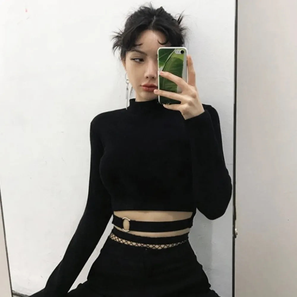 Noir Turtleneck Long-Sleeve Crop Top