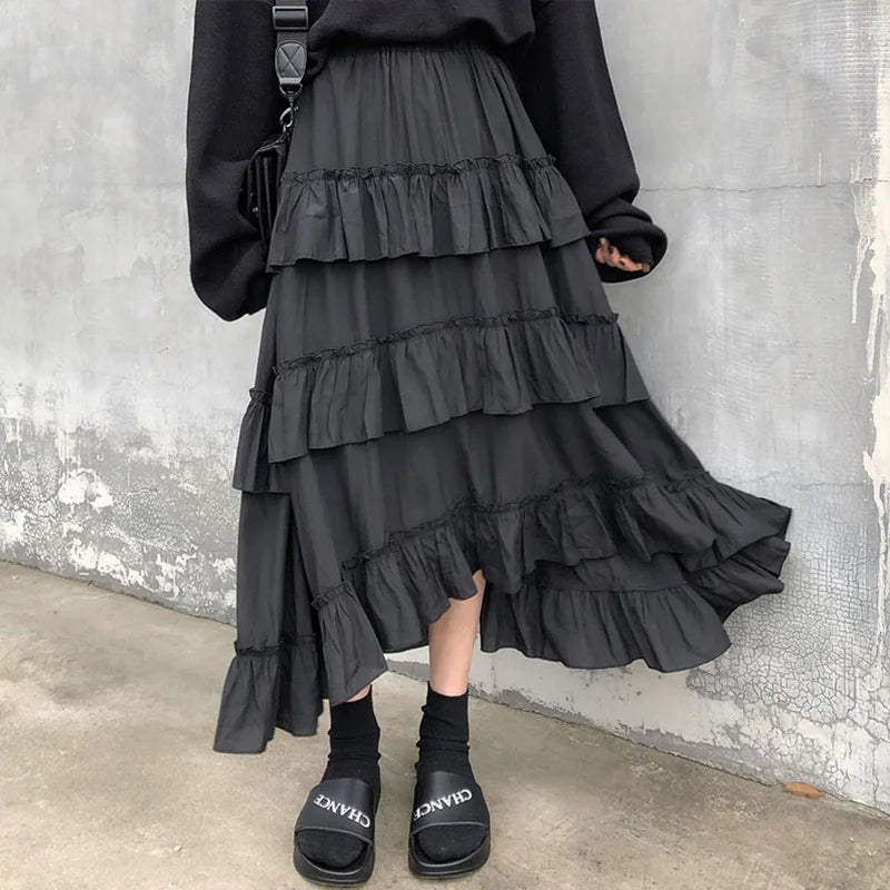 Noir Asymmetric Ruffle Maxi Skirt