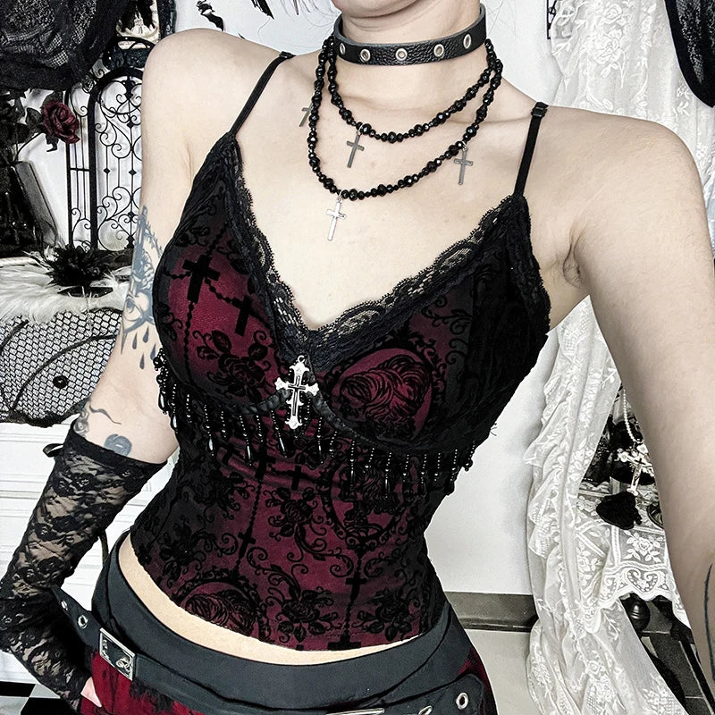 Crimson Cross Lace Corset Crop Top