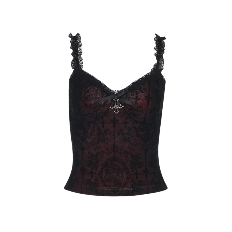 Crimson Cross Lace Corset Crop Top